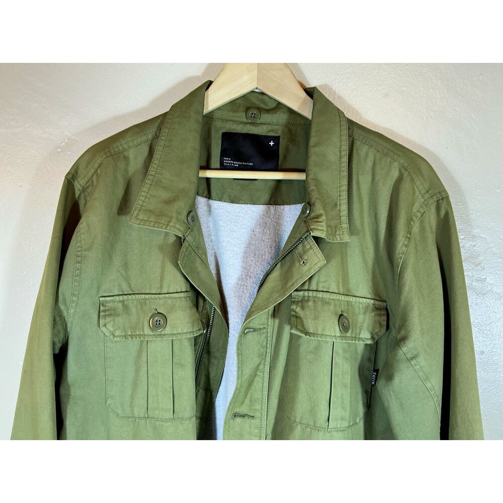 Tavik Modern Beach Culture L Green Military Jacket Lined Pockets Zip Button Mens